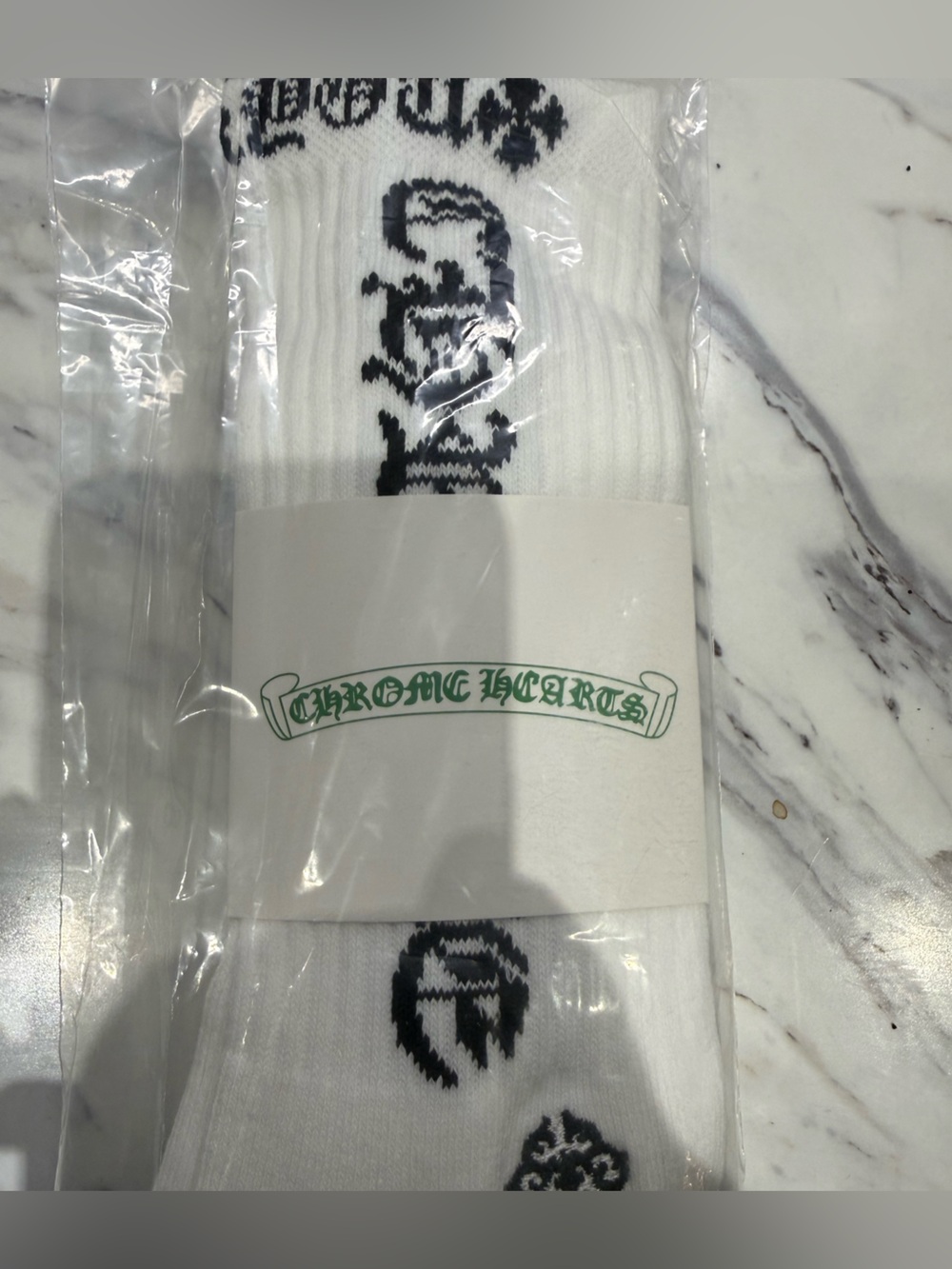 Chrome Hearts White Crew Socks with Black Gothic Motifs
